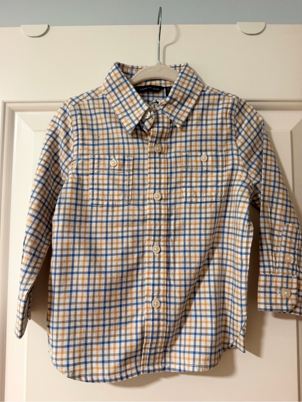 Janie and Jack Boys Plaid Button-Up Shirt - Cream, Blue & Tan - size 12-18M